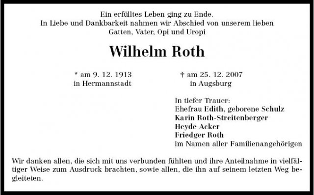 Roth Wilhelm 1913-2007 Todesanzeige